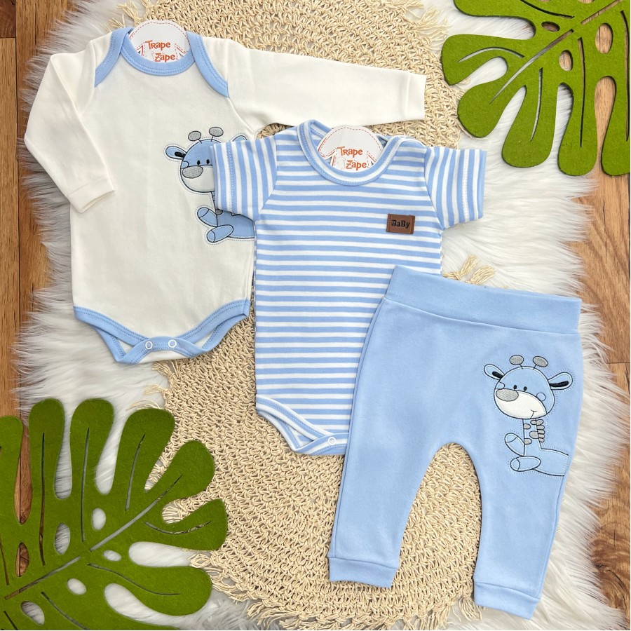  CONJ. DE MALHA 3 PEÇAS - Girafa Azul - Off White e Azul